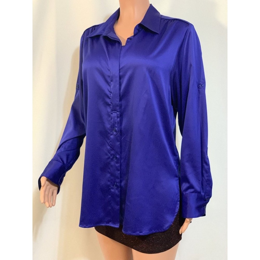 NWT Sz L Ellen Tracy Polyester Bold Sapphire Blue Career Stretch Blouse